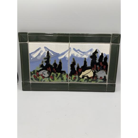 Paul Lewing Handcrafted Art Tile Mountain Forest Scene Framed Seattle 12”x8” - Picture 1 of 4
